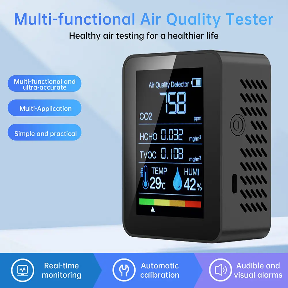 Air Quality Monitor 5 in 1 Indoor CO2 Detector Formaldehyde Detection HCHO/TVOC/CO2/Temperature/Humidity Air Quality Monitor