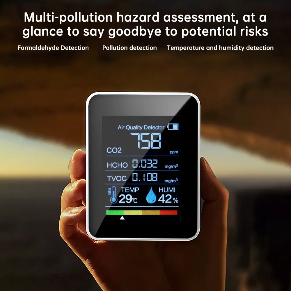 Air Quality Monitor 5 in 1 Indoor CO2 Detector Formaldehyde Detection HCHO/TVOC/CO2/Temperature/Humidity Air Quality Monitor