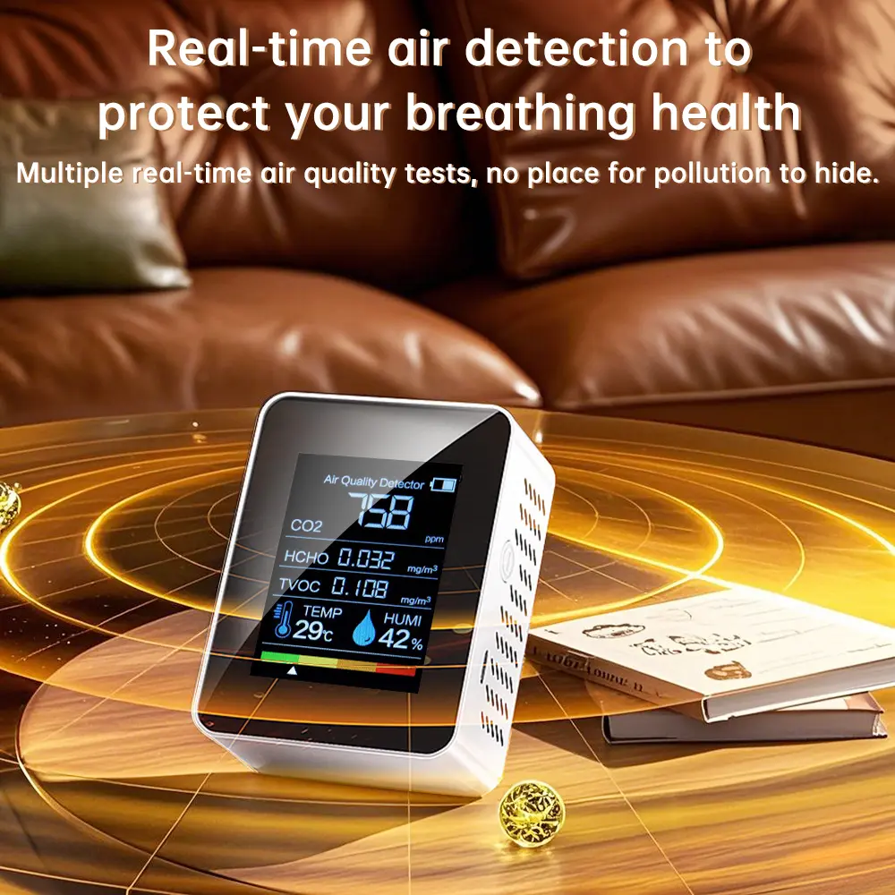 Air Quality Monitor 5 in 1 Indoor CO2 Detector Formaldehyde Detection HCHO/TVOC/CO2/Temperature/Humidity Air Quality Monitor