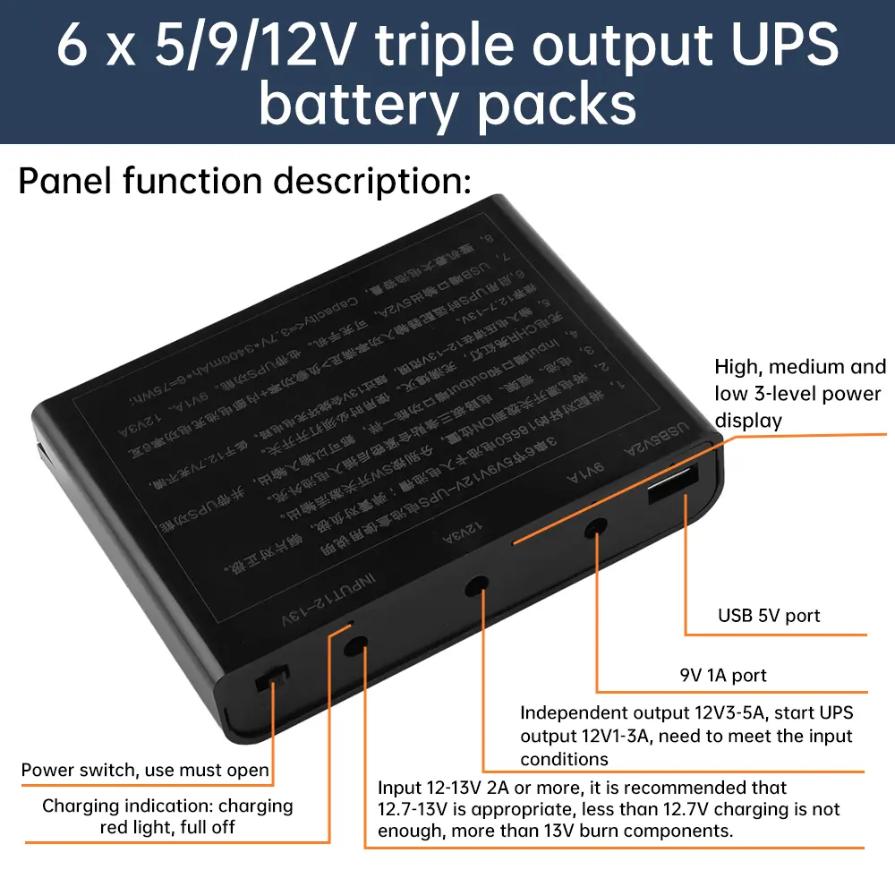DC UPS Battery Box 6*18650 Diy UPS Box Router Monitor Uninterruptible Power Supply Box 5V/9V/12V Output 60W Max