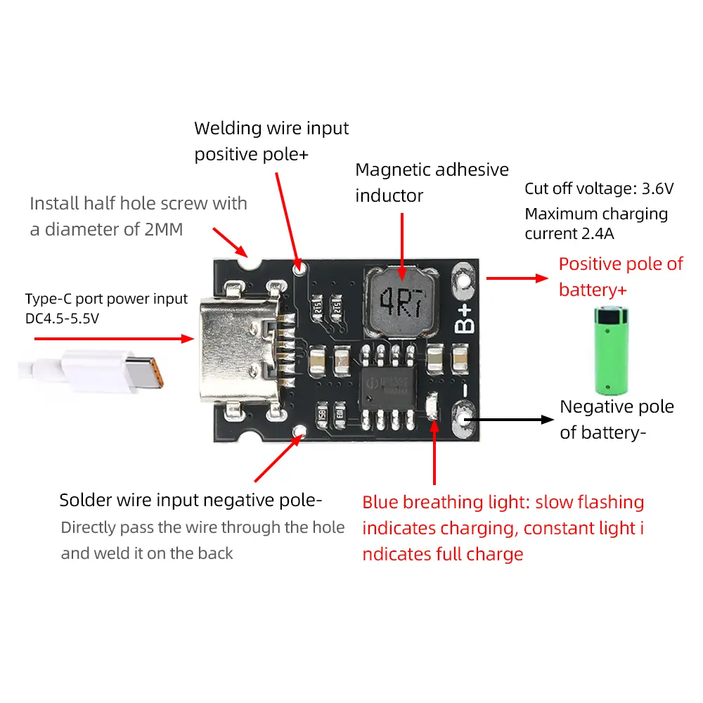 1S 3.2V/3.6V 2.4A Lithium Iron Phosphate Battery Dedicated Charging Module High Current Charging Board Type C DC 4.5-5.5V