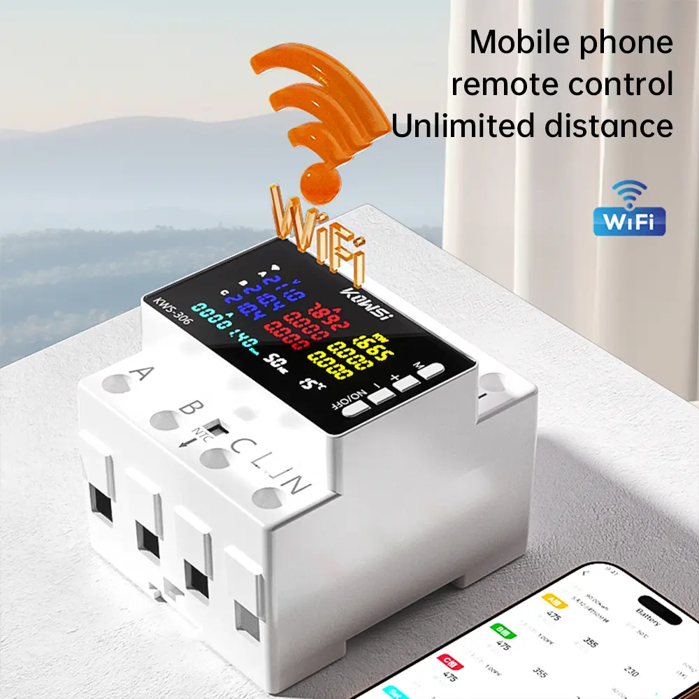 KWS-306 Works with Tuya WIFI Intelligent HD Color Screen 3-Phase 4-Wire DIN-Rail Multifunction Voltage Current Power Meter