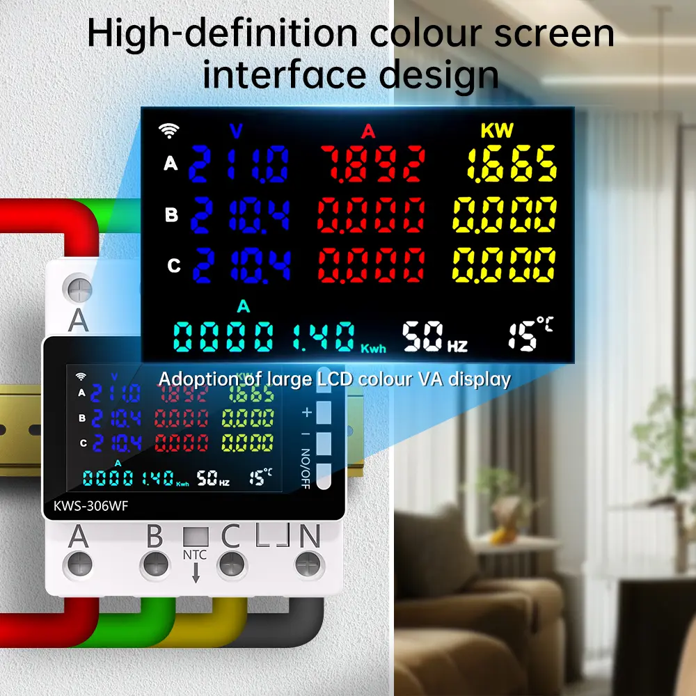 KWS-306 Works with Tuya WIFI Intelligent HD Color Screen 3-Phase 4-Wire DIN-Rail Multifunction Voltage Current Power Meter