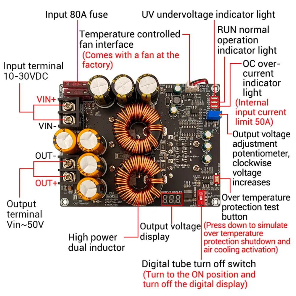1200W 20A DC Converter Boost Step-up Power Supply Module Dual Inductors Full Power Low Ripple Power Supply IN 8-60V OUT 12-83V