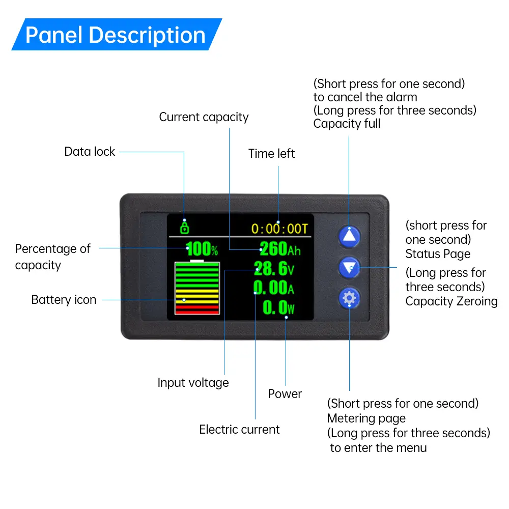 H56AH High Precision Color Screen Power Indicator DC 9-100V 50A 100A 200A 300A 400A Car voltmeter Ammeter Hall Coulometer