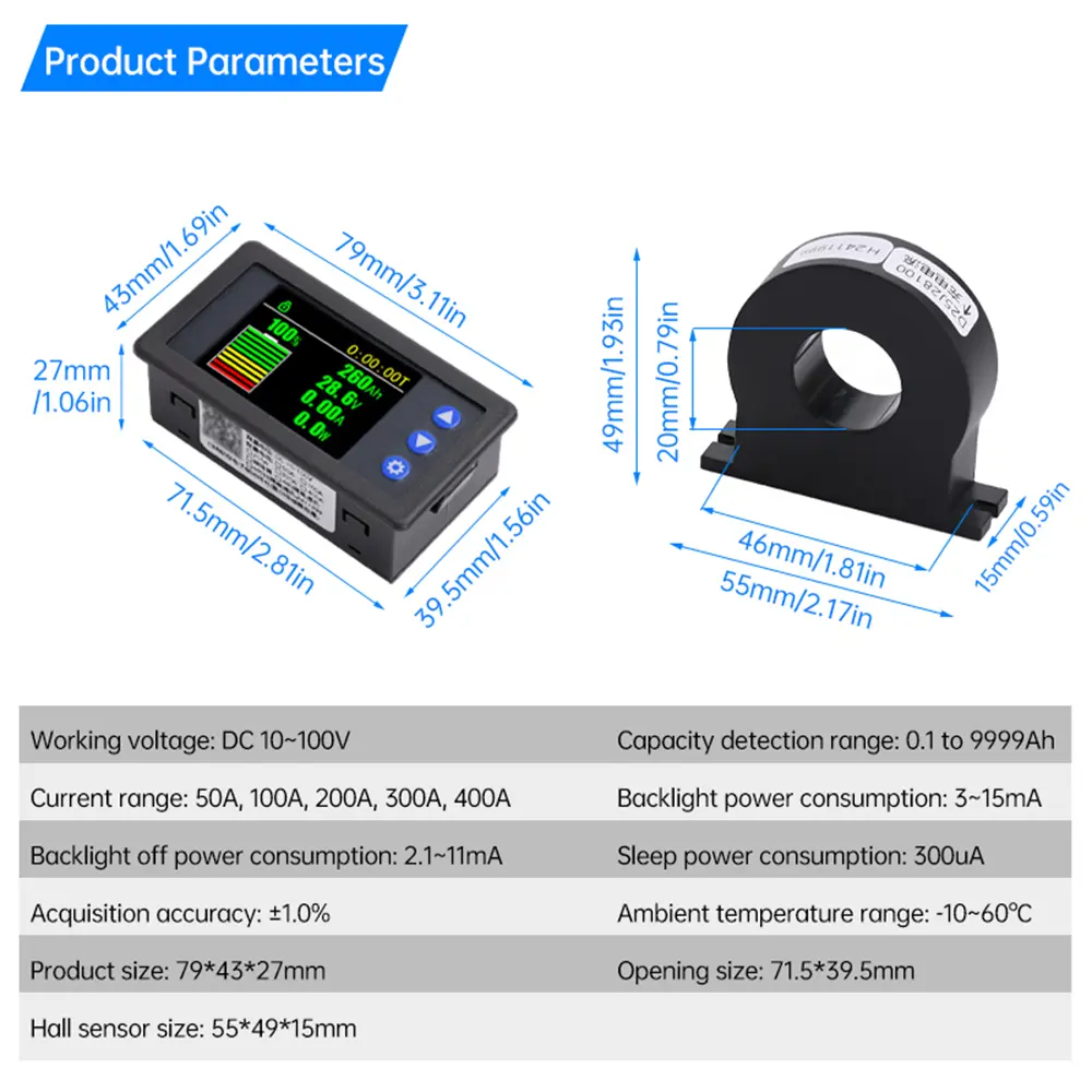 H56AH High Precision Color Screen Power Indicator DC 9-100V 50A 100A 200A 300A 400A Car voltmeter Ammeter Hall Coulometer
