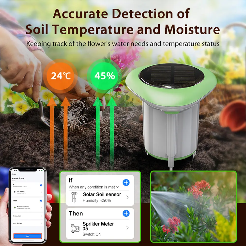 Smart Solar Soil Sensor Works with Tuya Smart WIFI Soil Tester Soil Temperature and Humidity Meter IP66 Grade Waterproof