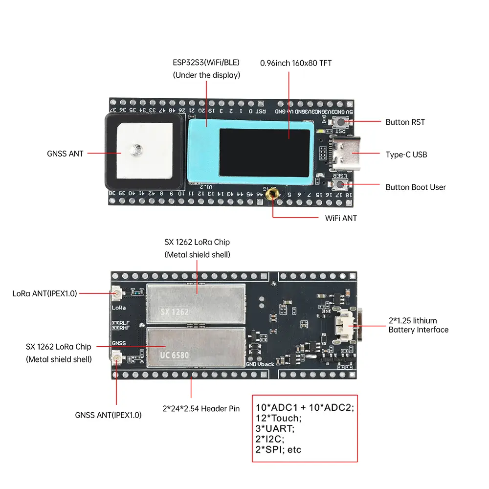 LoRa Wireless Tracker ESP32-S3FN8+SX1262+UC6580 Support WiFi/Bluetooth/LoRa/Gnss/Tracking and Positioning GPS On-board Display