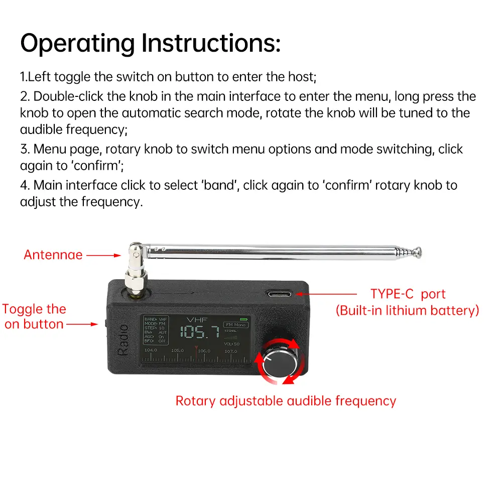 9.9-108MHz 1.9-inch IPS Display SI4732 Mini Shortwave Radio Pocket Mini Radio HF SW MW VHF Radio with Antenna ﻿