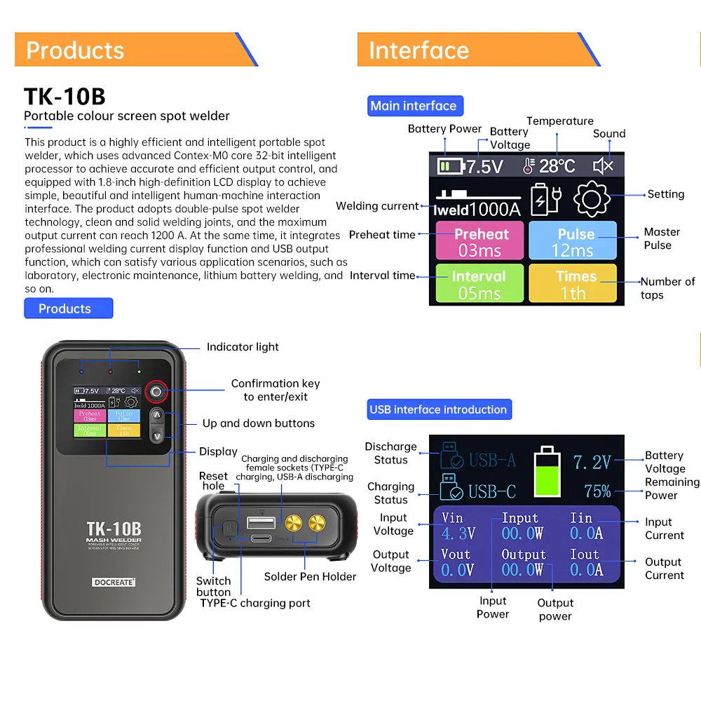 TK-10B Portable Battery Spot Welder Color Screen Integrated Spot Welding Machine 18650 Mobile Lithium Battery 5000mah