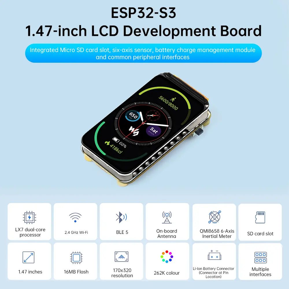 ESP32-S3 1.47-inch LCD Display WIFI Bluetooth Development Board 172 × 320 Resolution Dual Core Processor Type C