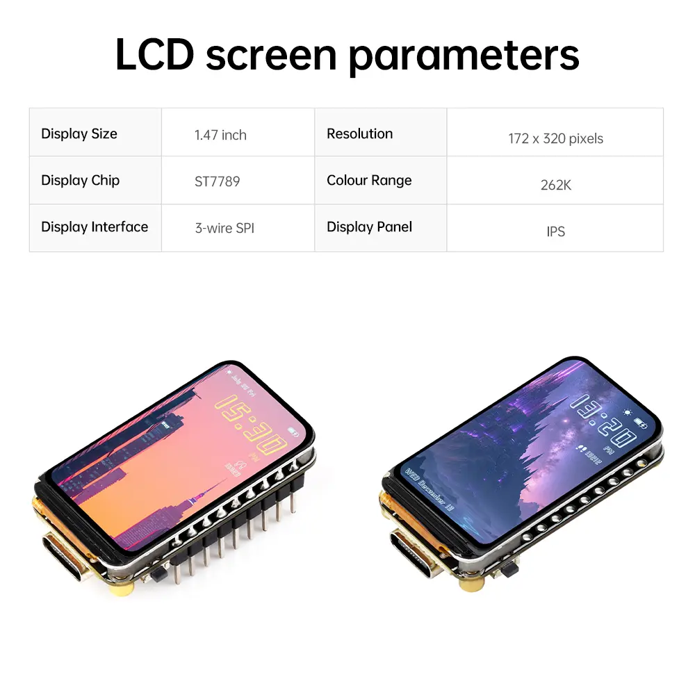 ESP32-S3 1.47-inch LCD Display WIFI Bluetooth Development Board 172 × 320 Resolution Dual Core Processor Type C