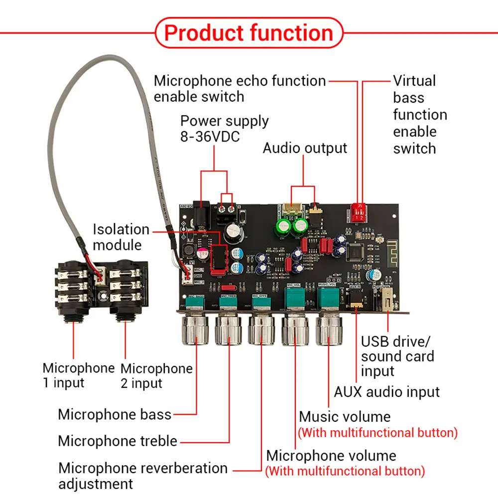 DC 8-36V ZK-DAM-H2 Upgraded Karaoke Reverb Board Isolation Low Noise Front Stage Effect Device External Mic BT USB Decoding