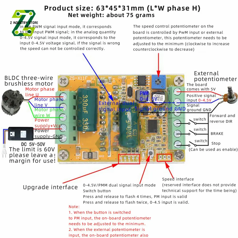DC6.5-50V 380W BLDC 3 Phases Brushless Motor Controller Board PWM Driver Module Without Hall Sensor