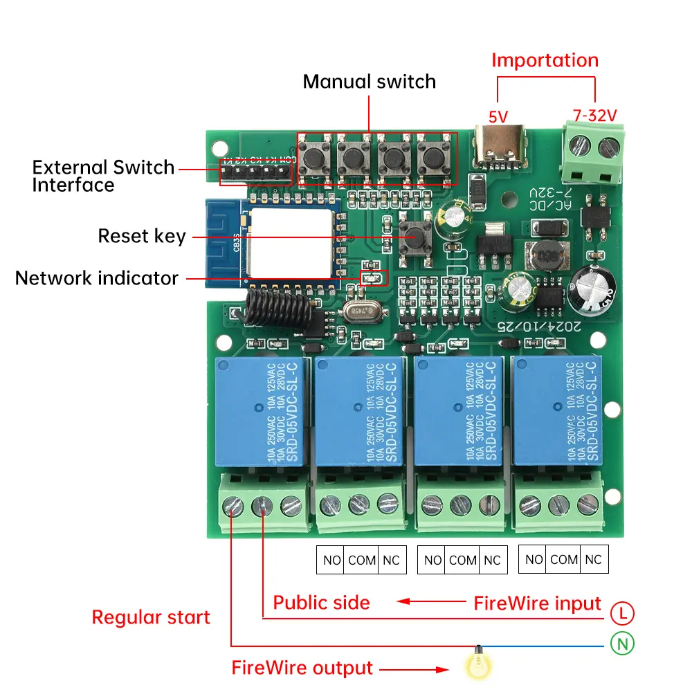 DC/AC 7~32V 4Way Remote Control Switch 433MHZ Wireless RF Remote Control WiFi Remote Control Switch Module For Tuya APP USB 5V