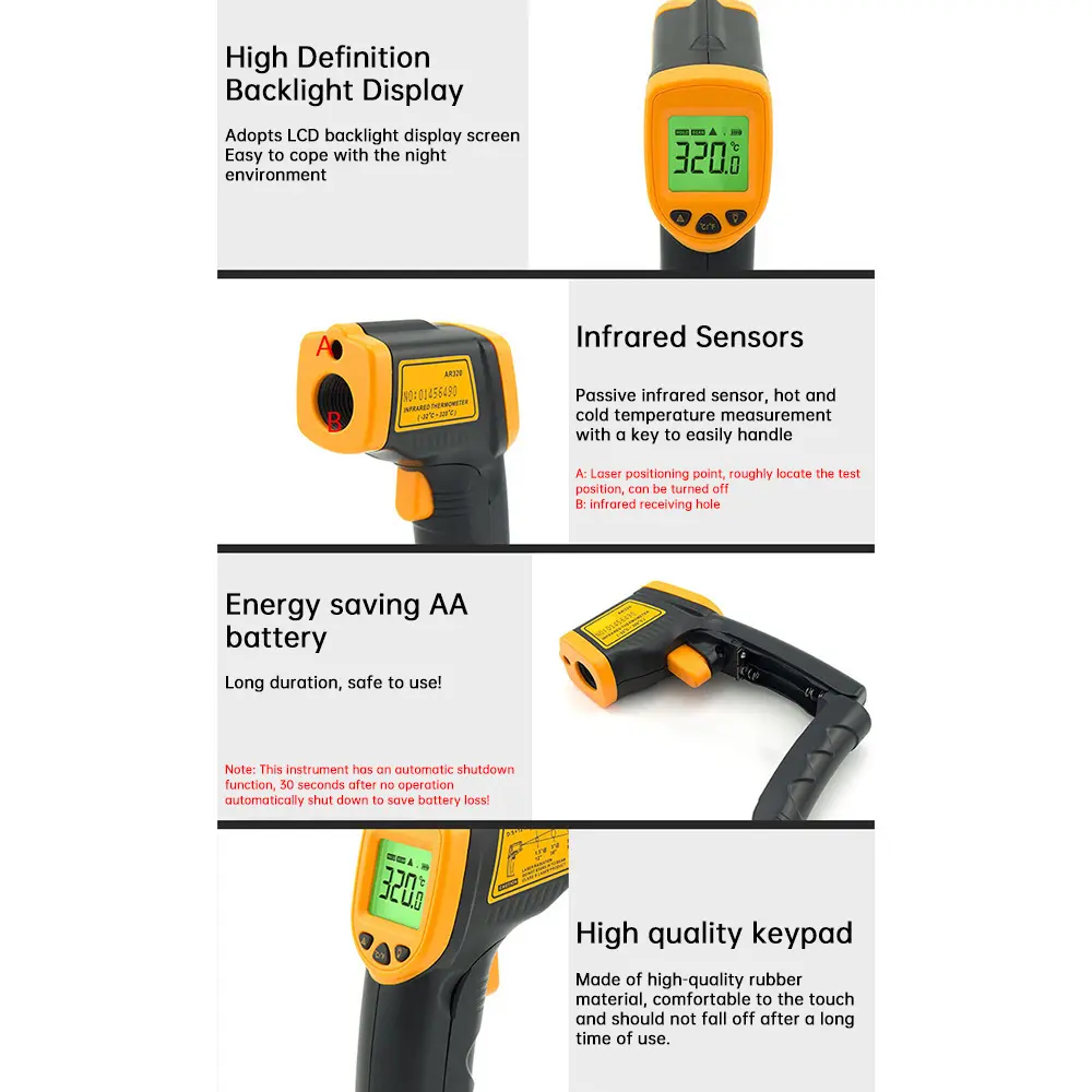 Digital Thermometer LCD Display NonContact Meter Temperature Sensor Pyrometer IR Laser Point -32℃~380℃