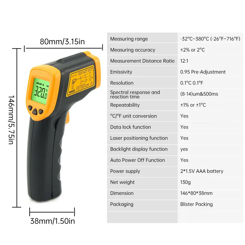 Digital Thermometer LCD Display NonContact Meter Temperature Sensor Pyrometer IR Laser Point -32℃~380℃