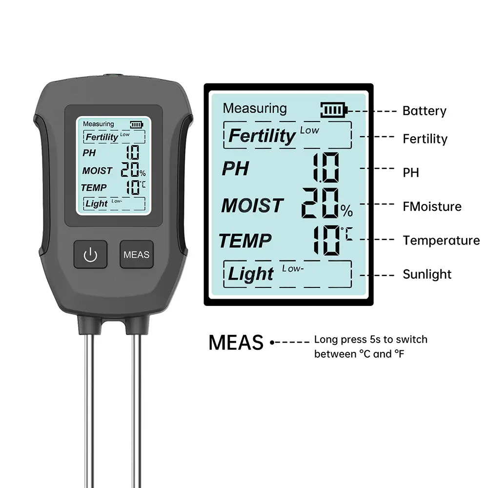 5in1 Soil Tester PH/Moisture/Temp/Fertility/Light Sensor LCD Meter High-precision Moisture Meter for Flower Plants Gardening