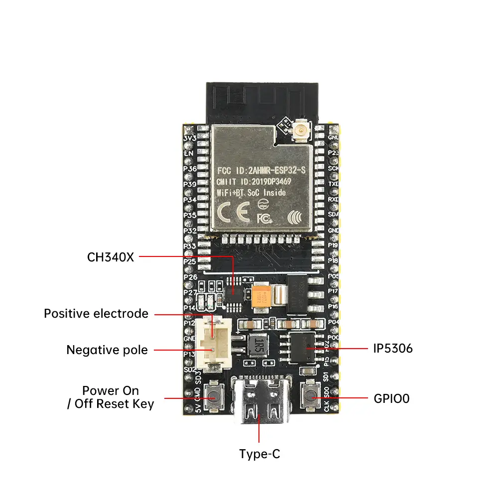 ESP32 Development Board 2.4G WiFi Module with Battery Interface IPEX Connector AI ESP32-S for DIY IoT CH340X IP5306 Type-C