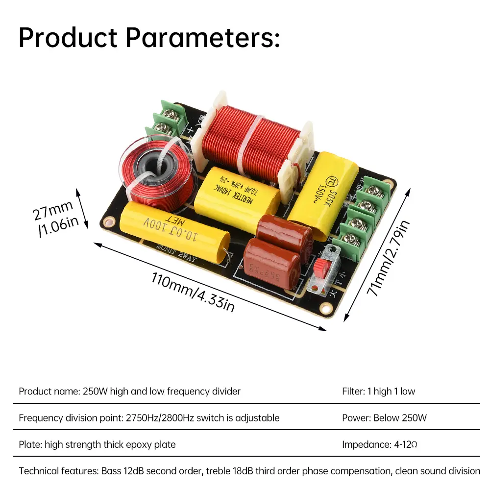 WEAH-250 2750/2800Hz 250W 2-Way Crossover Audio HiFi Hi-Fi Filter Circuit Board Treble Bass Crossover Filter