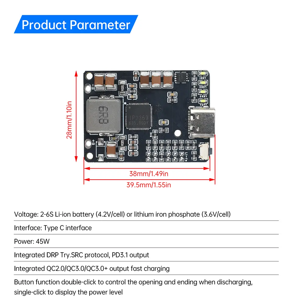 IP2369 2~6S 45W Li-ion Battery Charging Discharging Module Charge Protection Module Type C Interface