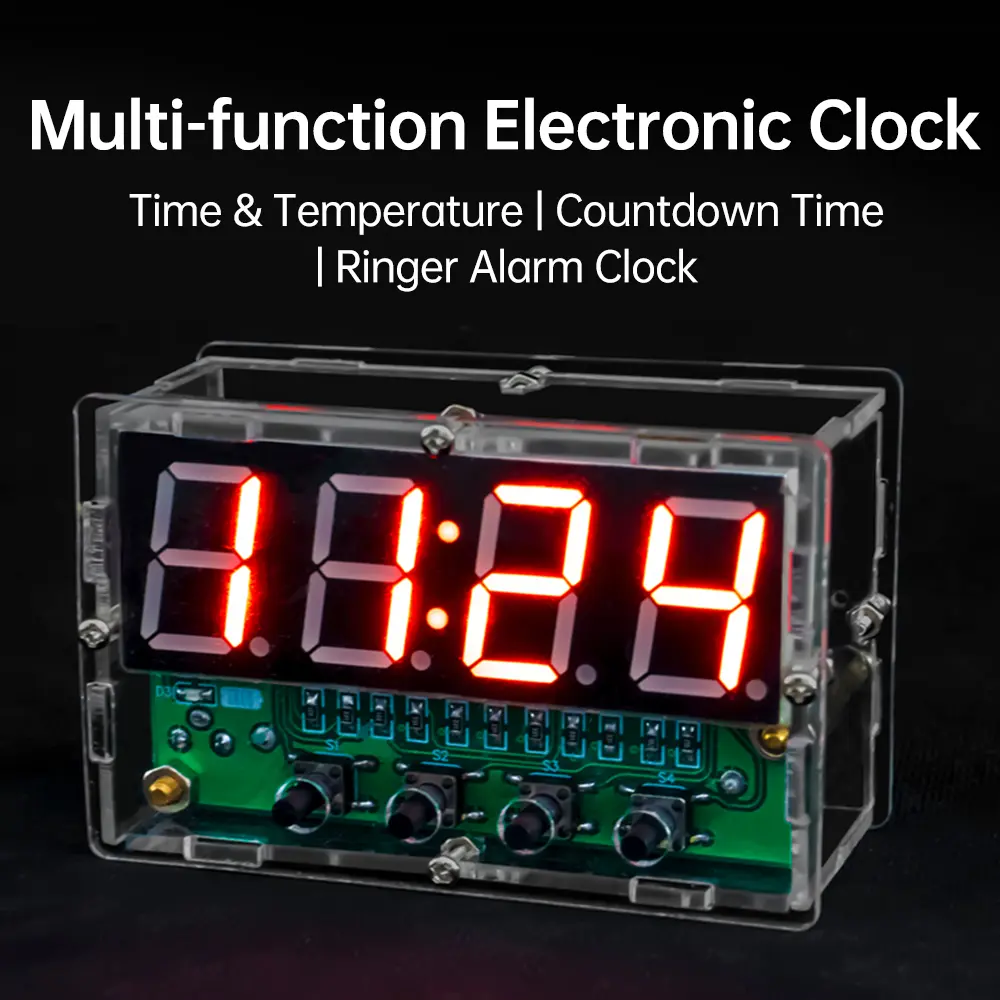 DC 5V Multi-function LED Digital Electronic Clock DIY Kit with Alarm Clock Temperature Countdown Function DC3.5*1.2mm