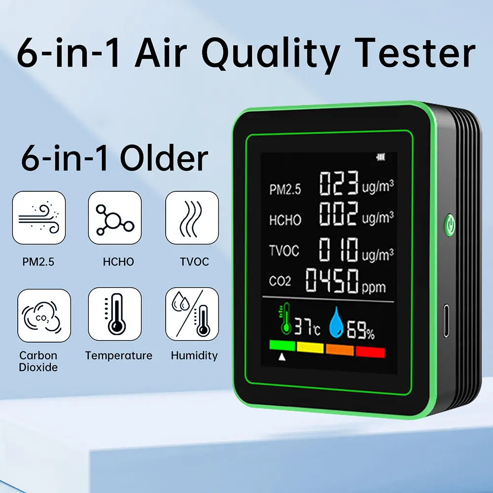 Multifunctional 6-in-1 Carbon Dioxide Detector Digital Temperature Humidity Tester PM2.5 CO2 Air Quality Monitor