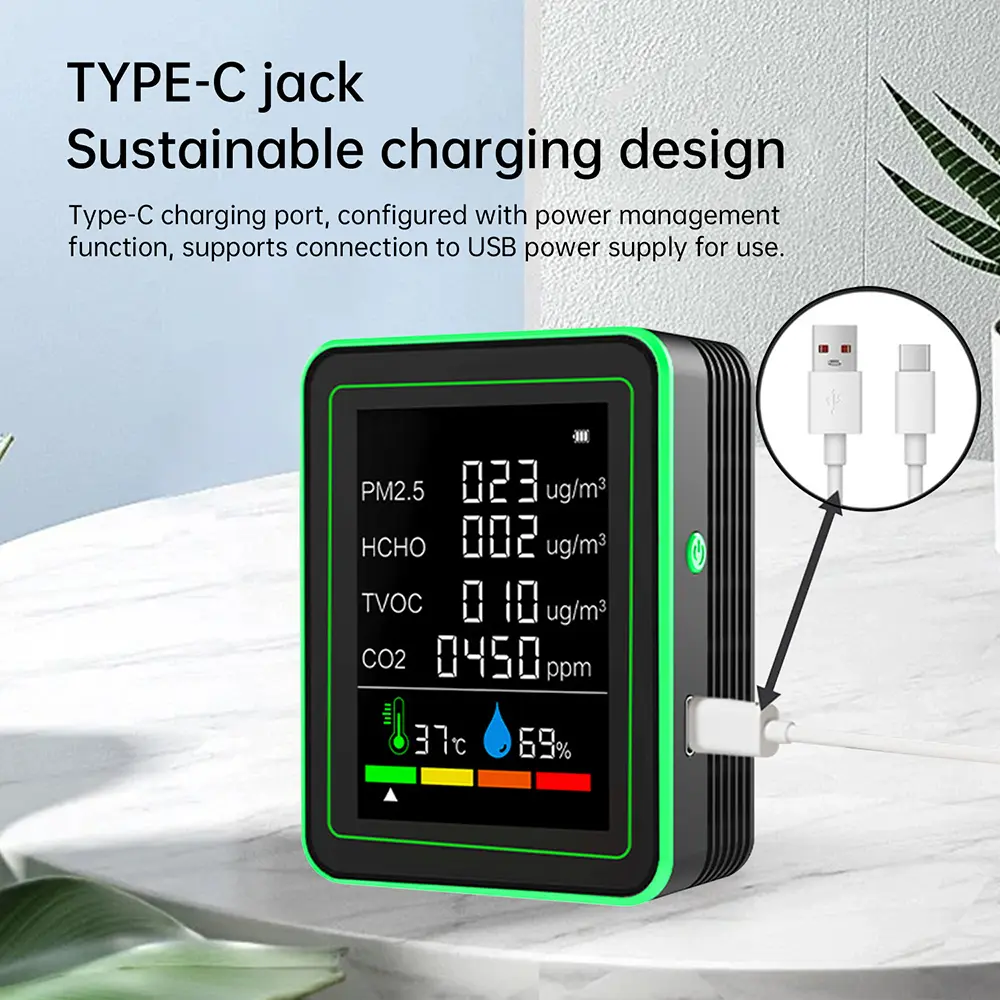 Multifunctional 6-in-1 Carbon Dioxide Detector Digital Temperature Humidity Tester PM2.5 CO2 Air Quality Monitor