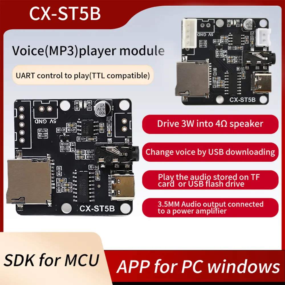 Voice Playback Module Board DC 3.3-5.2V ST5B Serial Port Mp3 Voice Chip Module Microcontroller Control Triggers Audio Module