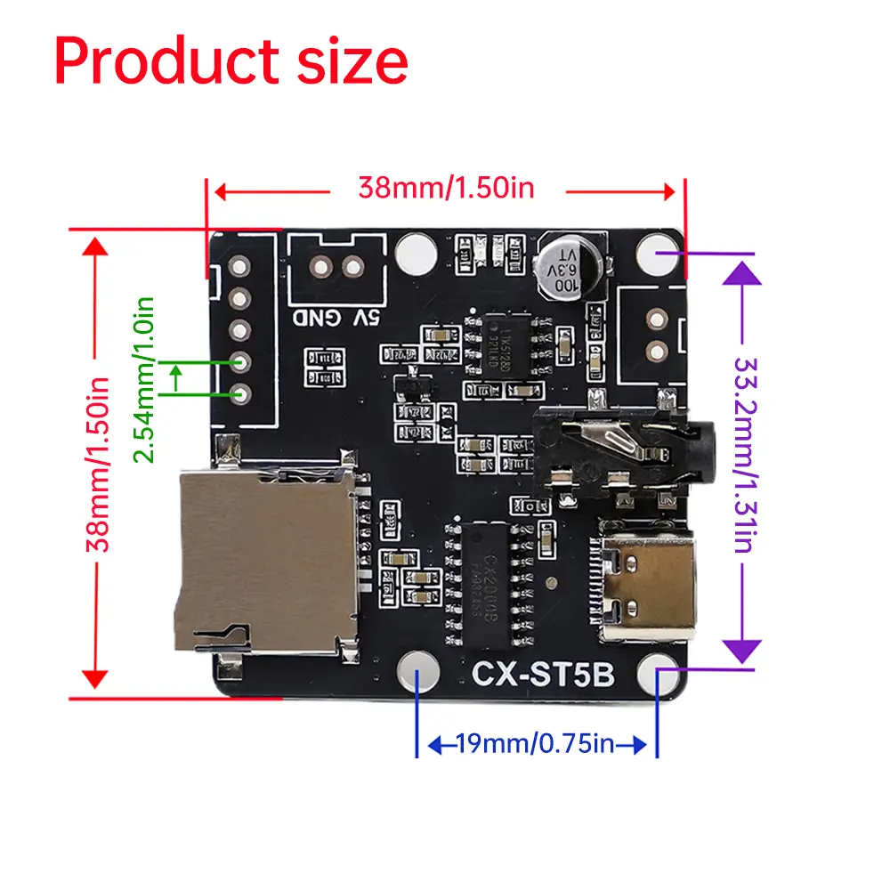 Voice Playback Module Board DC 3.3-5.2V ST5B Serial Port Mp3 Voice Chip Module Microcontroller Control Triggers Audio Module