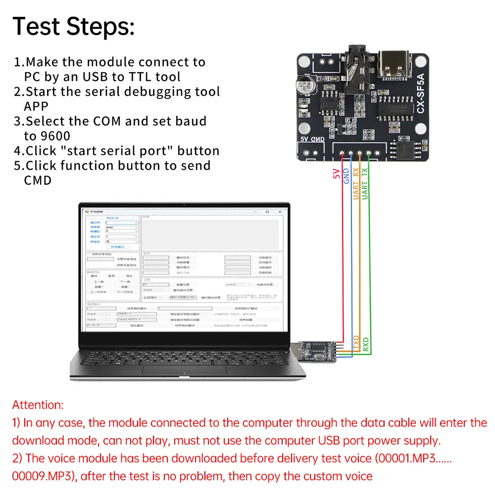 DC 3.3~5.2V SF5A Serial Port Custom Audio Player DIY Kit Voice Broadcast Message Mailbox Audio Player Module 5W Audio Amplifier