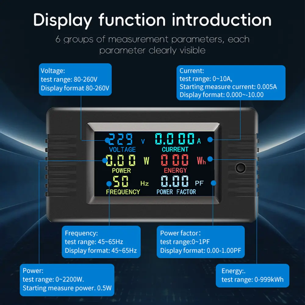 PZEM-020 Color Screen Multi-function AC Digital Power Tester Voltage Ammeter Power Capacity Meter AC 80~260V 0-10A 2200W