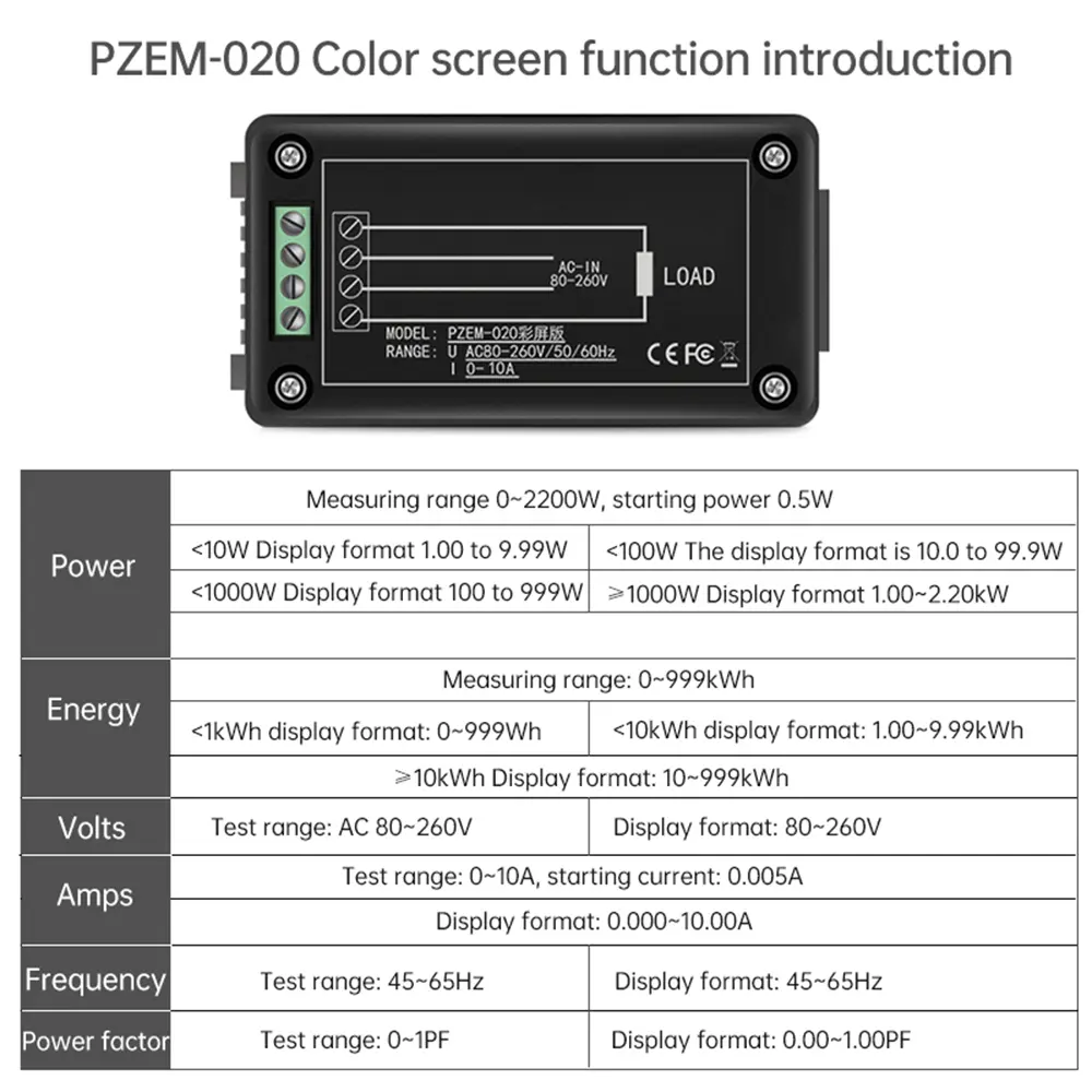 PZEM-020 Color Screen Multi-function AC Digital Power Tester Voltage Ammeter Power Capacity Meter AC 80~260V 0-10A 2200W