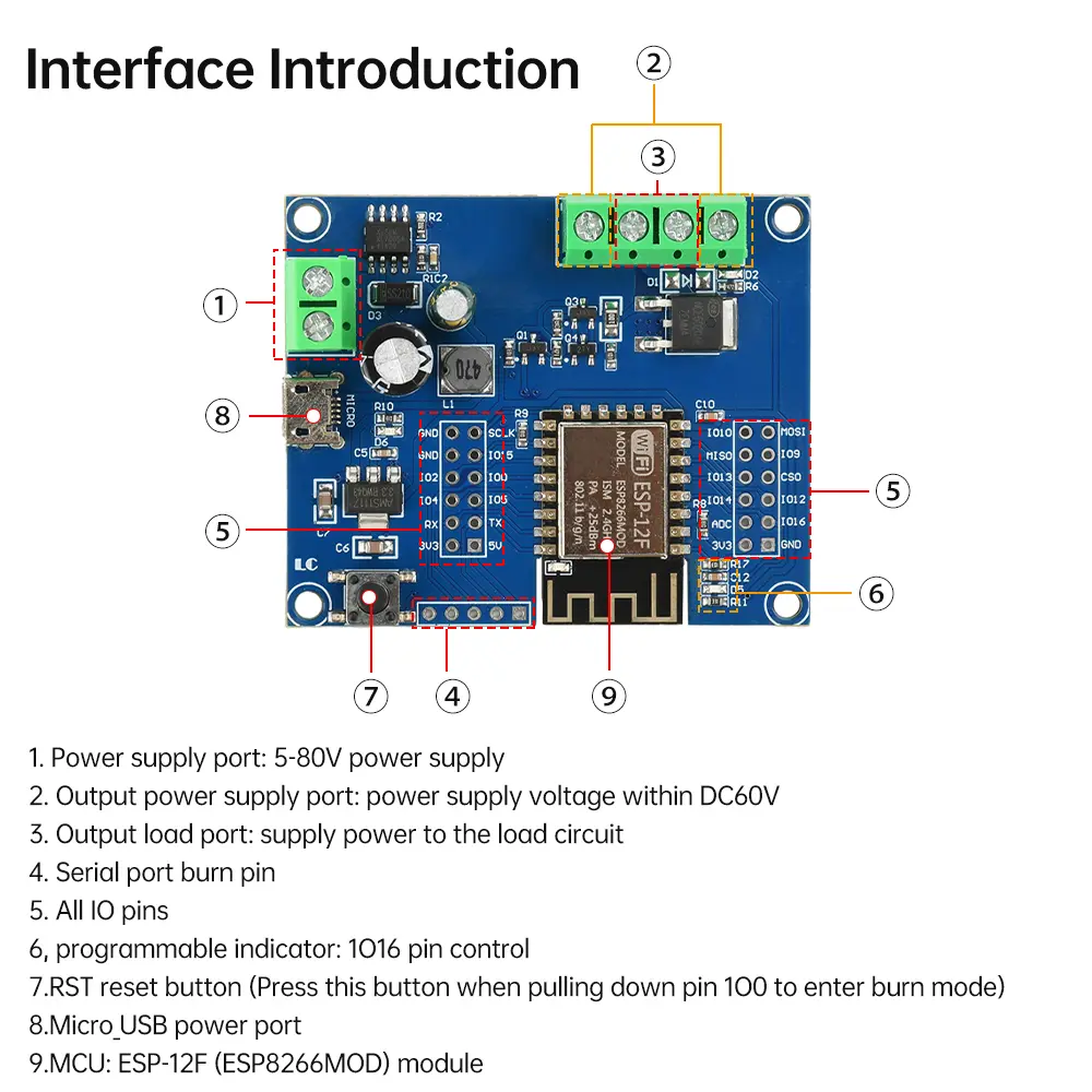 DC 5-80V ESP8266 WIFI Single Relay MOS Switch Control Module ESP-12F Development Board Micro USB Interface