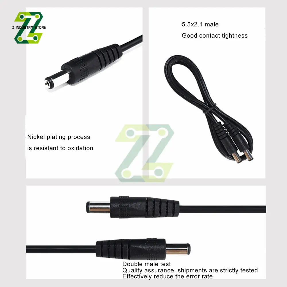 DC 5.5X2.1 Extension Power Cable Wire 0.5m /0.25m/1m/2m Male To Male Connector 5.5*2.1 Cable Cord Black 22AWG