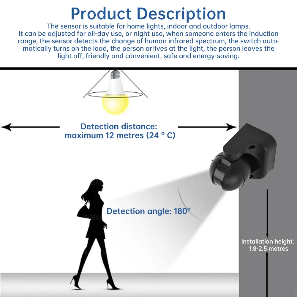 AC110-240V PIR Human Motion Sensor 12m 180 Degree Photosensitive Adjustable Human Body Sensor Smart Garden Lamp Switch