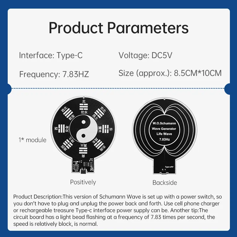 DC5V Schumann Wave Generator Ultra-Low Frequency Pulse Wave Generator Type-C Audio Resonator for Home and Office Use