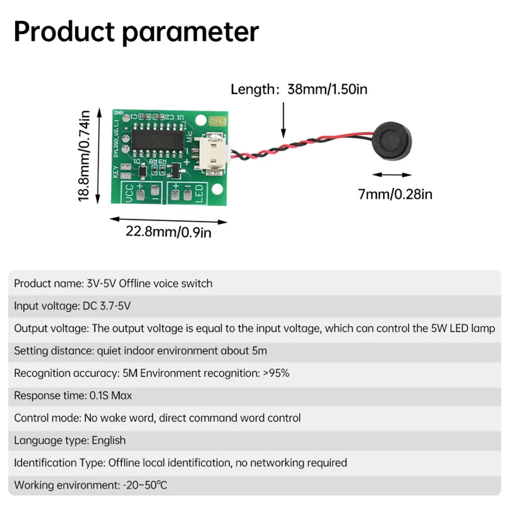 DC 3.7-5V Monochrome Lamp Switch Dimming Timing Control Module 5m Voice Control Switch Module For 5w LED Lights English