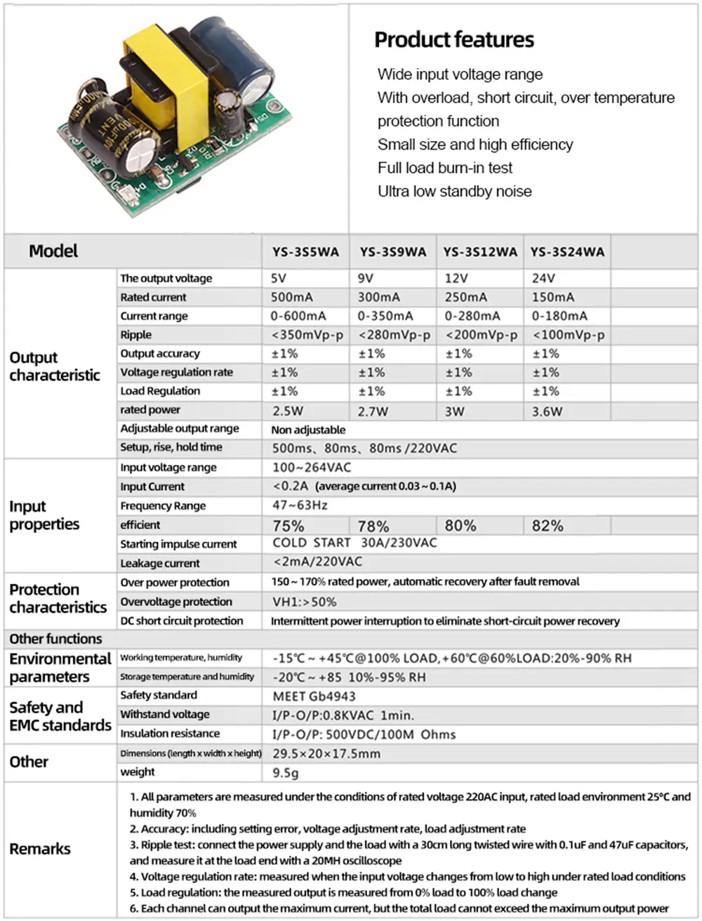 AC100-264V to 5V 2.5W / 12V 3W / 24V 3.6W Switching Power Supply Module Overload Over Temperature Protection