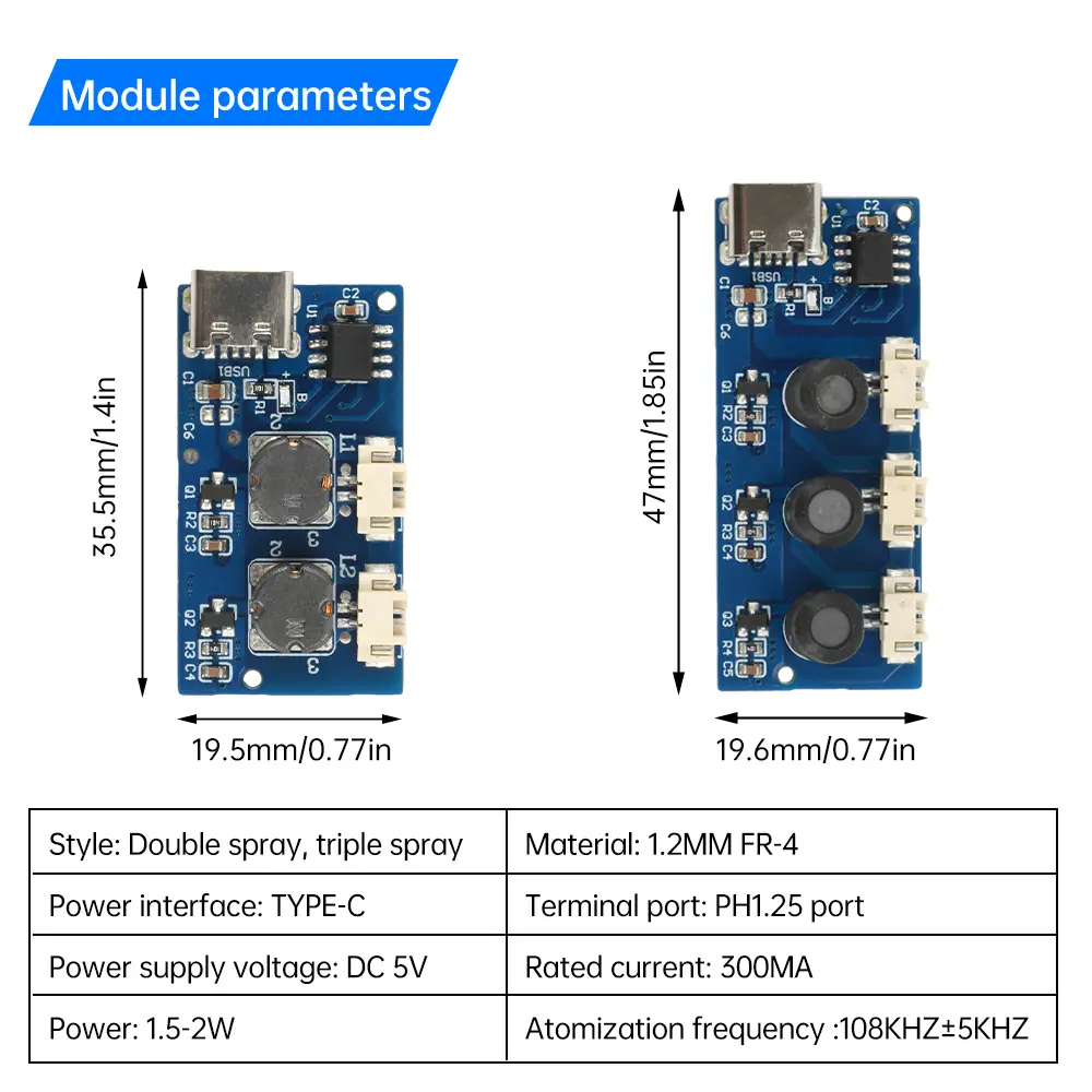 DC 5V Dual Spray Three Spray Electrified Direct Spray No Switch Ultrasonic Atomizer Humidifier Module Type C