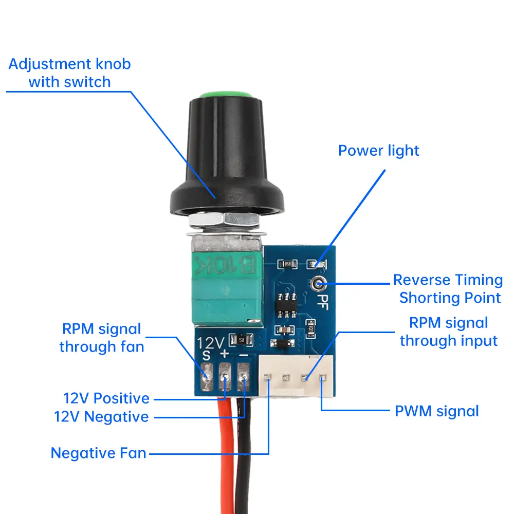 DC5-12V Manual Four-Wire PWM Fan Speed Controller With Knob Switch Case Fan Motor Governor Module with 3P Cable