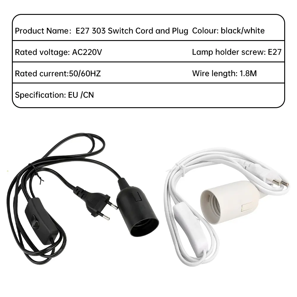 E27 303 1.8m Lamp Holder Power Cable With Switch E27 Lamp Socket AC 220V EU/CN Plug For Pendant Bulbs