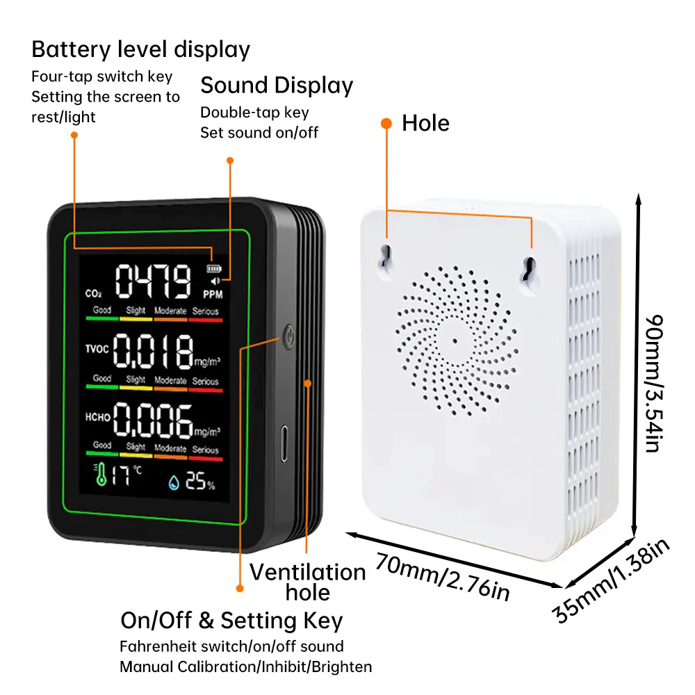 5 In 1 Air Quality Monitor Carbon Dioxide Detector Temperature and Humidity Air Quality Monitor Household Formaldehyde Monitor