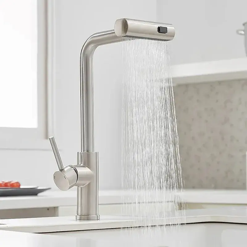 Universal 3 Modes Waterfall Kitchen Faucet 360° Hot and Cold Water Single Hole Deck Mount Sink Faucet Stainless Steel with Swive