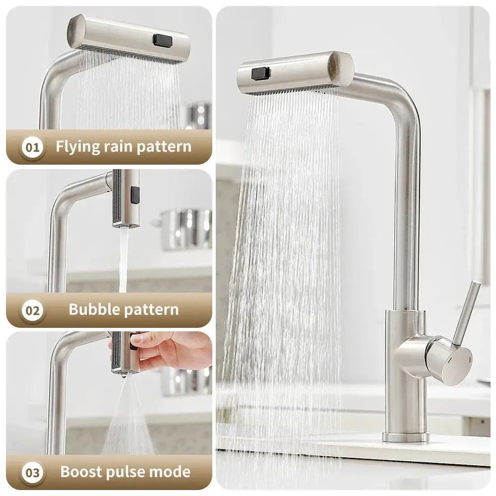 Universal 3 Modes Waterfall Kitchen Faucet 360° Hot and Cold Water Single Hole Deck Mount Sink Faucet Stainless Steel with Swive