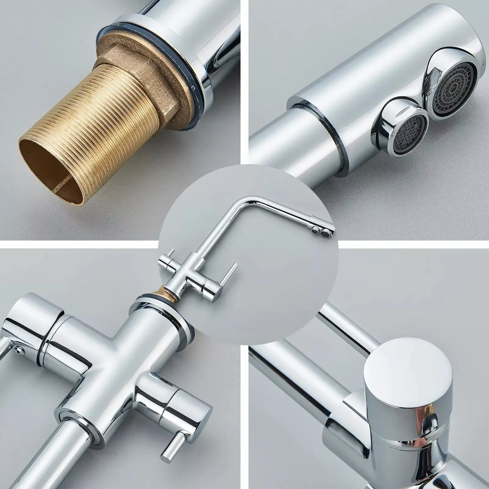Chrome/brushed kitchen faucet, double handle, hot and cold drinking water, three-pass filtered purified water mixing faucet