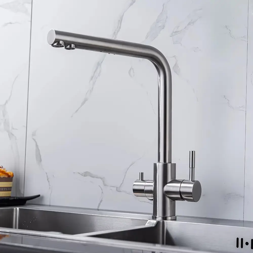 Chrome/brushed kitchen faucet, double handle, hot and cold drinking water, three-pass filtered purified water mixing faucet