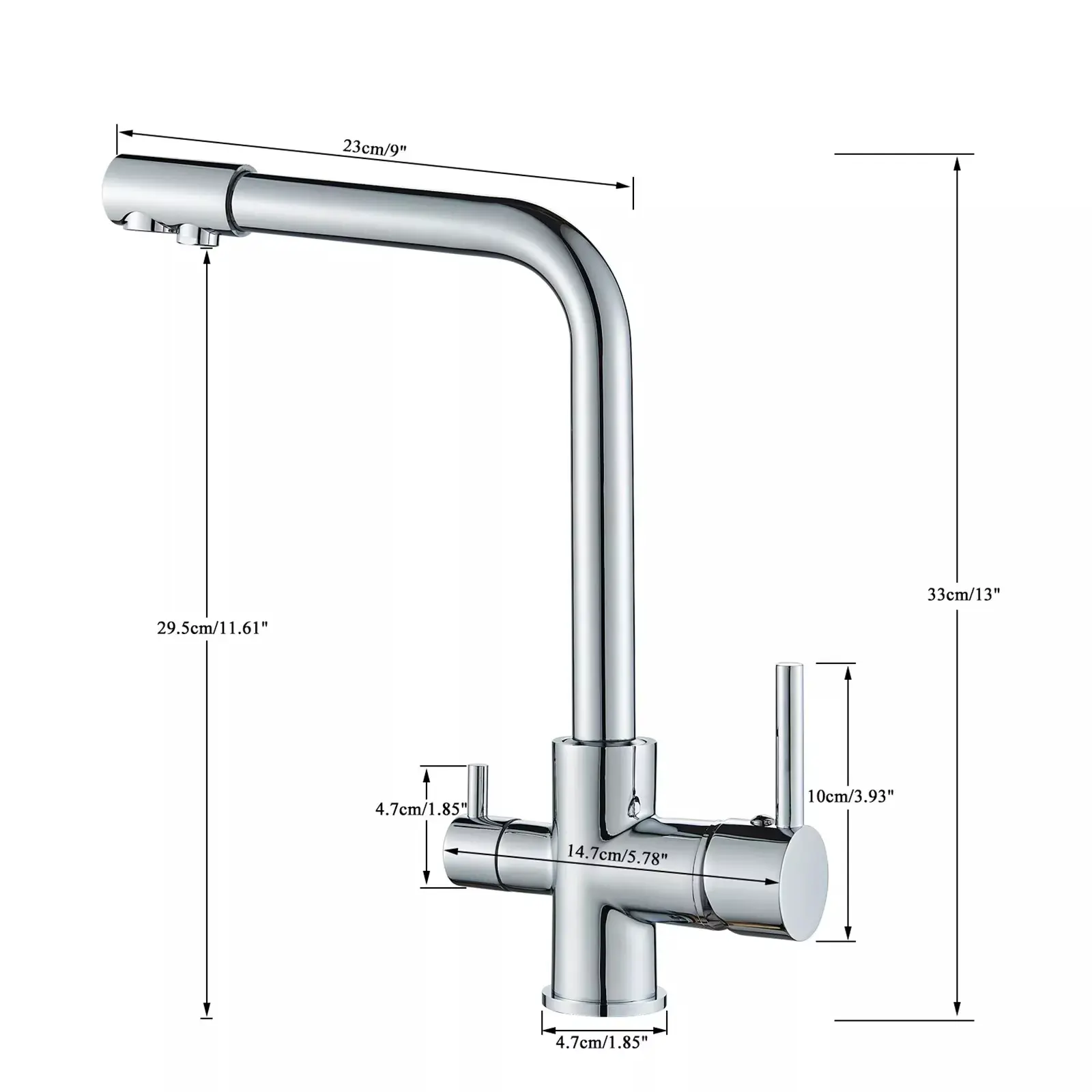 Chrome/brushed kitchen faucet, double handle, hot and cold drinking water, three-pass filtered purified water mixing faucet