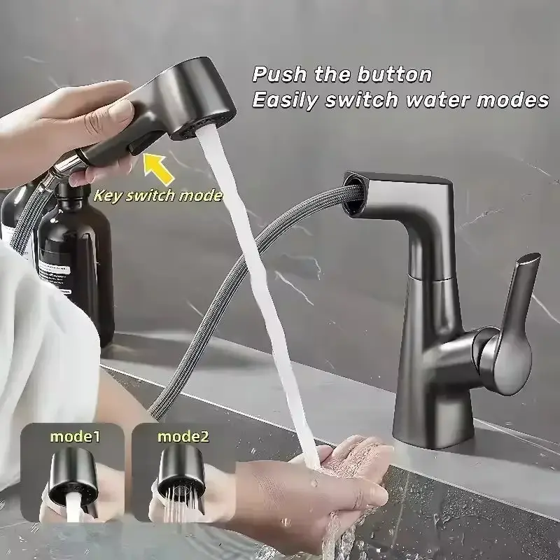 Rotary Pull-out Type Bathroom Faucet Hot and Cold Water Outlet Sink Faucet Three Mode Water Outlet Bathroom Sink Faucet Tap Tap