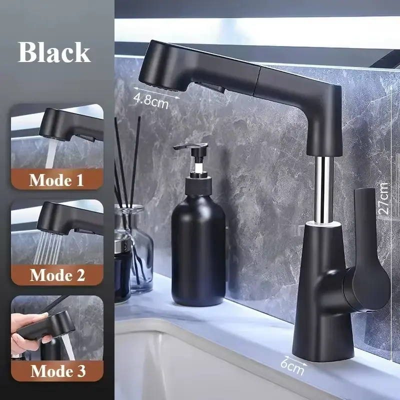 Rotary Pull-out Type Bathroom Faucet Hot and Cold Water Outlet Sink Faucet Three Mode Water Outlet Bathroom Sink Faucet Tap Tap
